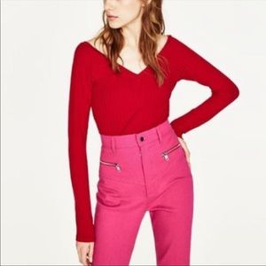 Red Zara long sleeve V-Neck